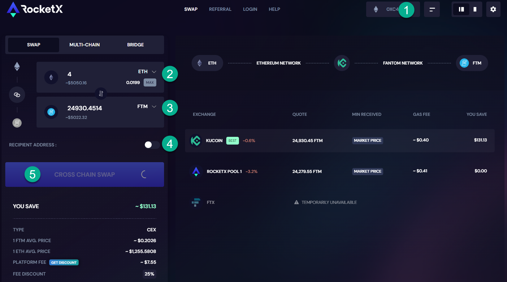 Convert ETH to FTM at Low Fees This image shows the steps to easily convert ETH to FTM at lowest fees straight from your decentralized wallet like metamask, trustwallet etc