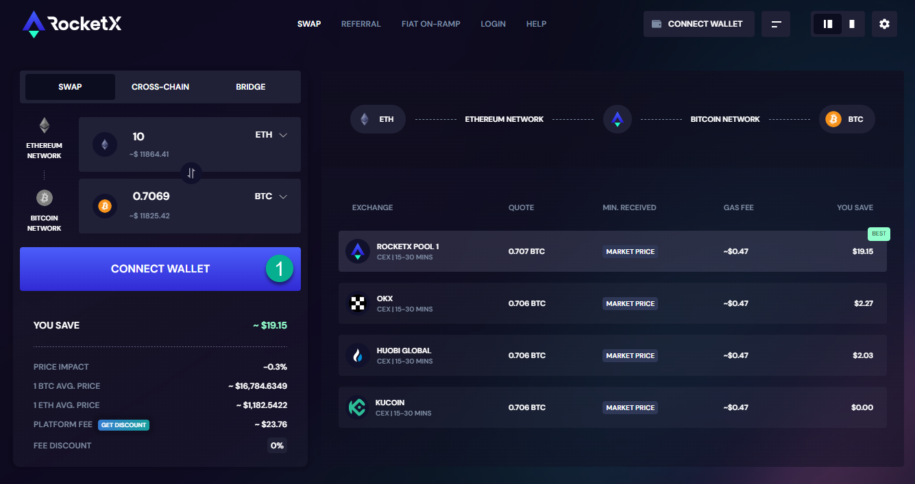 Connecting to XDEFI wallet on RocketX exchange. Navigate to RocketX platform and click on the 'Connect Wallet' button.