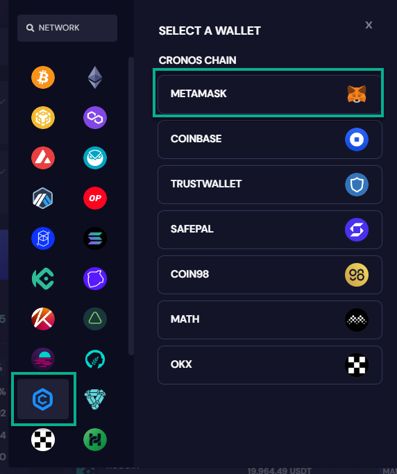 Navigate to RocketX app to connect to Cronos Chain Navigate to App.RocketX.exchange<br />
Click on the 'Connect Wallet' button. In the pop-up screen, select Cronos Chain