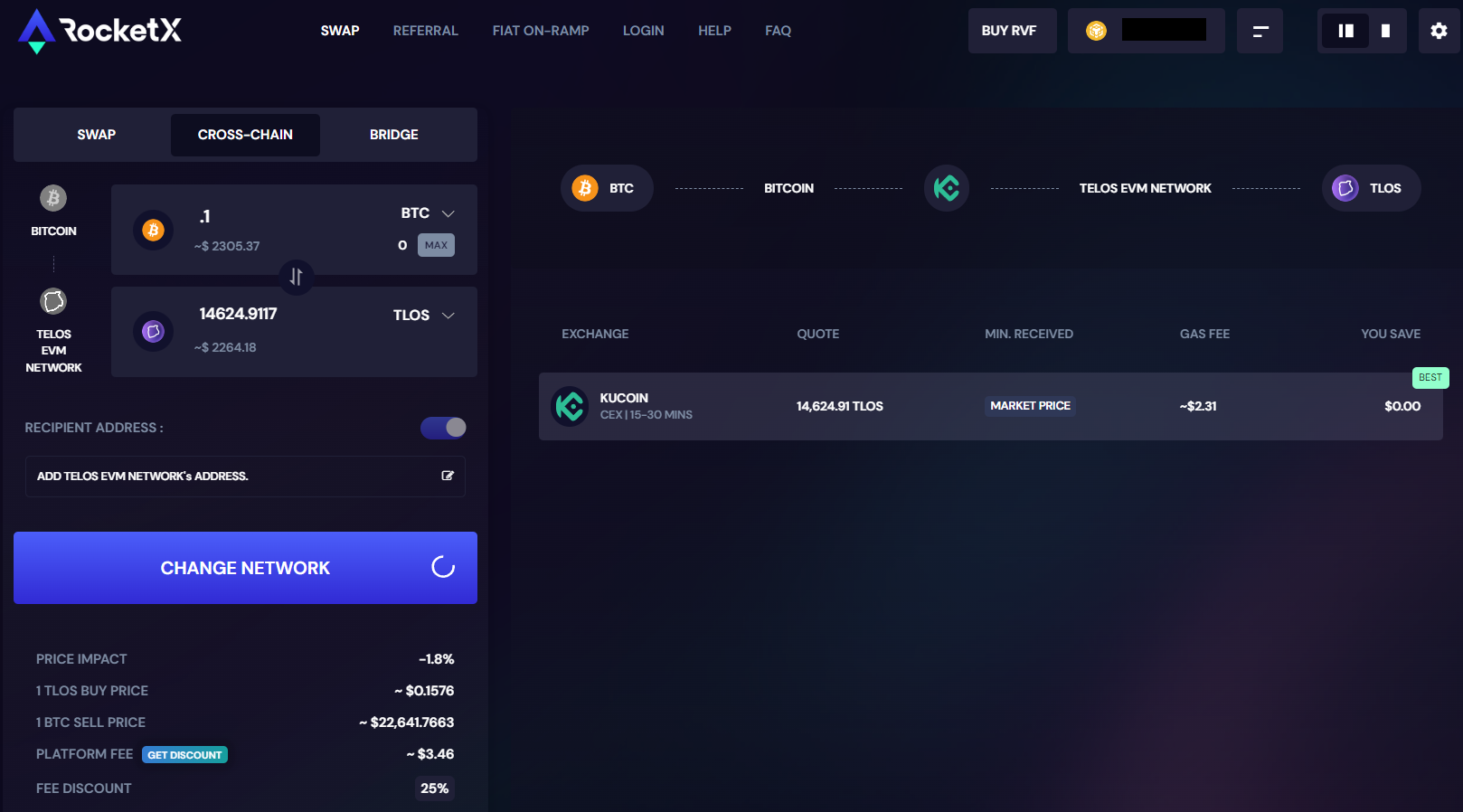 Telos TLOS now available on RocketX RocketX makes TLOS by Telos EVM, interoperable with BTC, ETH, MATIC and more.