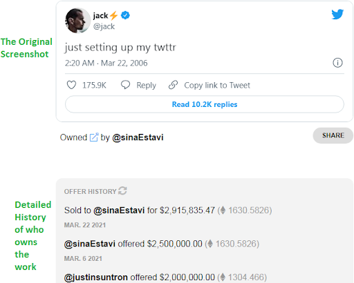 A screenshot of Jack's first tweet screenshot of his first-ever tweet of Jack