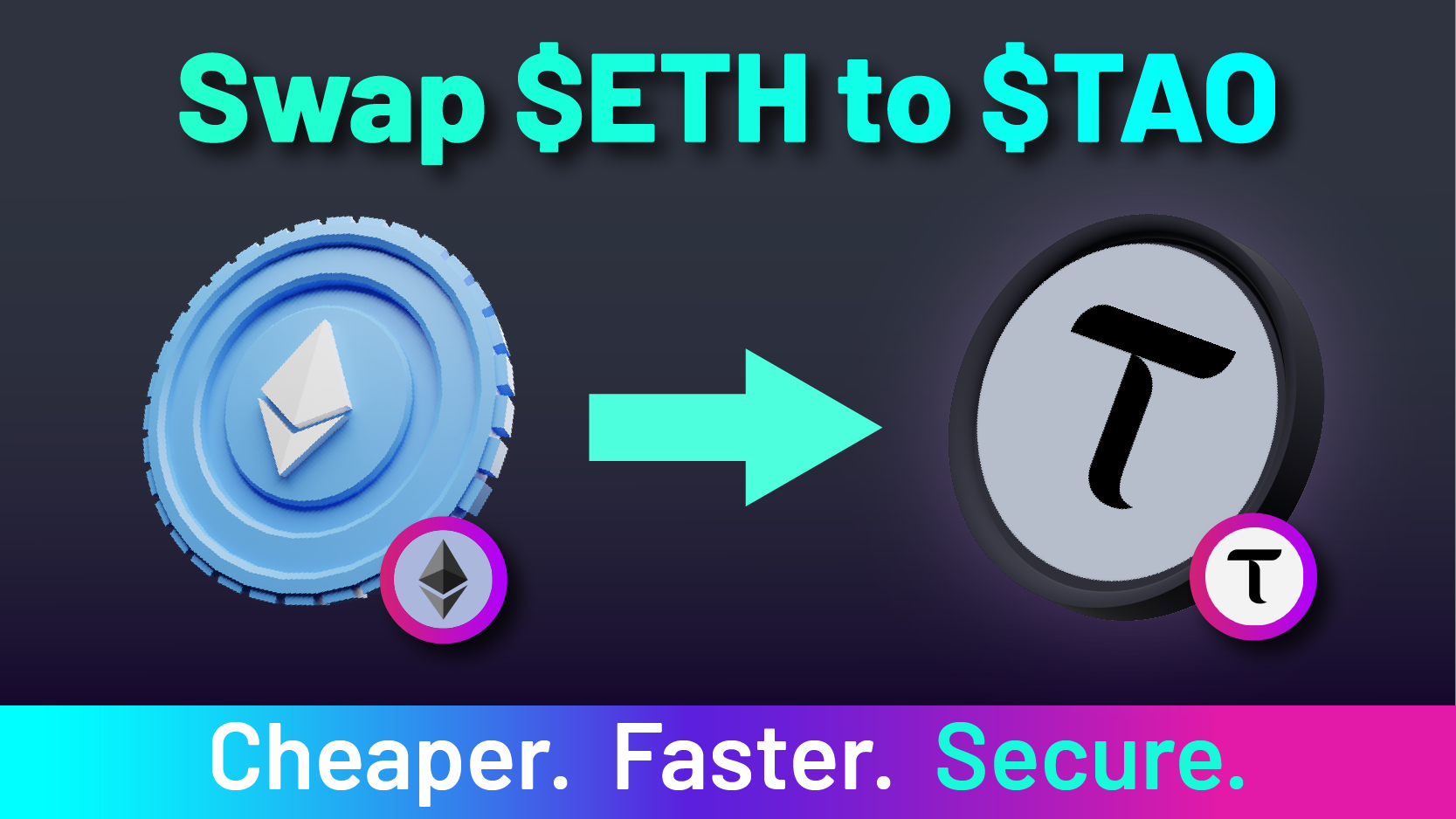 "Swap Ethereum ($ETH) to BitTensor ($TAO) - Cheaper, Faster, Secure" "Swap $ETH to $TAO with arrow pointing from Ethereum coin to TAO coin"