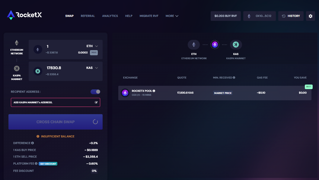 RocketX interface showing ETH to Kaspa (KAS) swap process with transaction details and conversion rates.