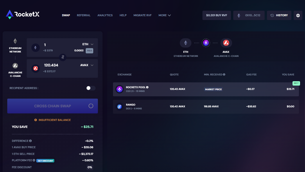 RocketX Exchange - ETH to AVAX Conversion Interface RocketX Exchange interface for converting ETH to AVAX