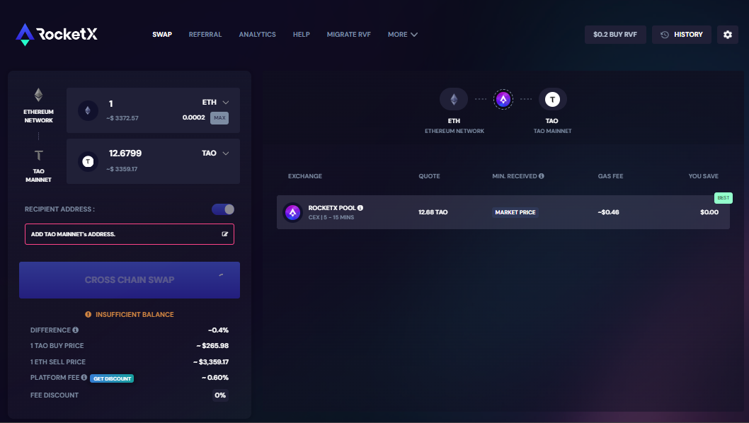 "RocketX: Swap Ethereum (ETH) to BitTensor (TAO) Interface" "RocketX platform interface for swapping Ethereum (ETH) to BitTensor (TAO) showing transaction details and recipient address field"