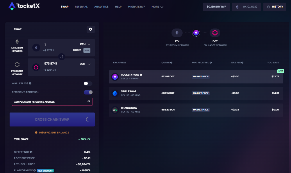 RocketX ETH to DOT Swap Interface RocketX interface for swapping Ethereum (ETH) to Polkadot (DOT)