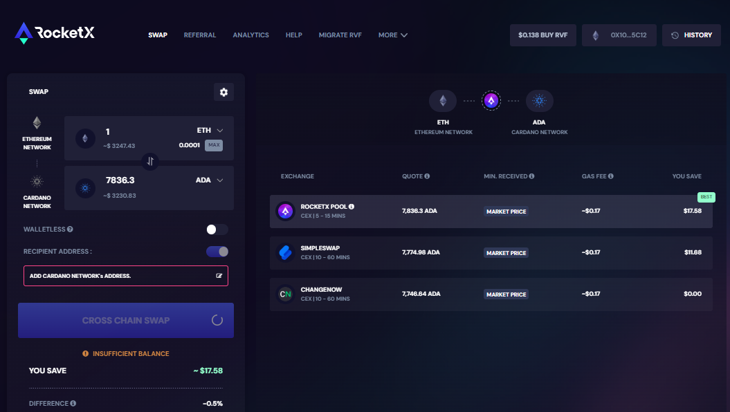Swapping ETH to ADA on RocketX Platform RocketX interface for swapping Ethereum (ETH) to Cardano (ADA).