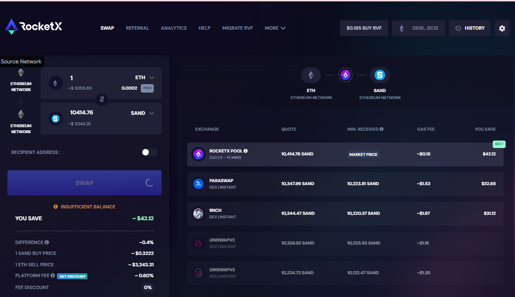 RocketX Exchange Interface for Swapping ETH to SAND