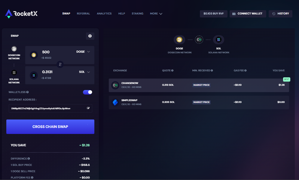 RocketX Cross-Chain Swap from Dogecoin to Solana with Walletless Feature RocketX interface showing a cross-chain swap from Dogecoin (DOGE) to Solana (SOL) with walletless option enabled.