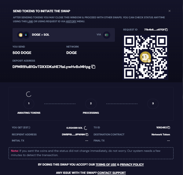 Initiate DOGE to SOL Swap on RocketX with QR Code and Transaction Details RocketX interface displaying the process to initiate a swap from Dogecoin (DOGE) to Solana (SOL) with QR code and transaction details.