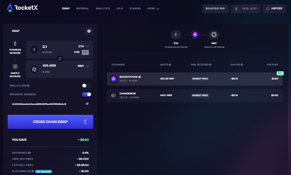 Cross-Chain Swap from ETH to MNT on RocketX Platform RocketX platform interface showing a cross-chain swap from Ethereum (ETH) to Mantle (MNT) with exchange options and detailed transaction information.